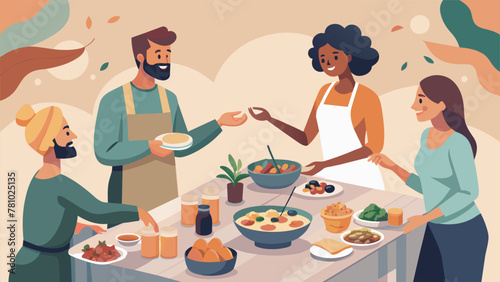 At the PlantBased Potluck two friends excitedly exchange recipes as they taste each others dishes. Surrounding them are tables filled with an