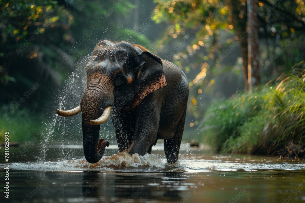 Fototapeta premium An elephant is walking through a river with water splashing around it. Generative AI.