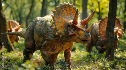 A group of fake dinosaurs walking through a forest in the daytime. Generative AI. © serg3d