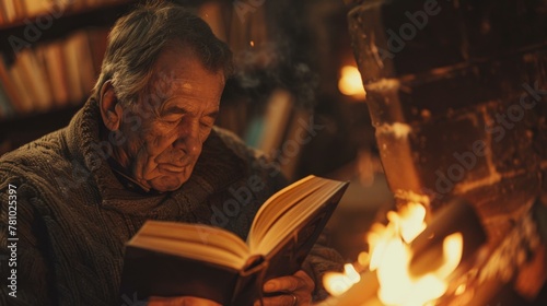 An old man reading a book in front of the fireplace. Generative AI.