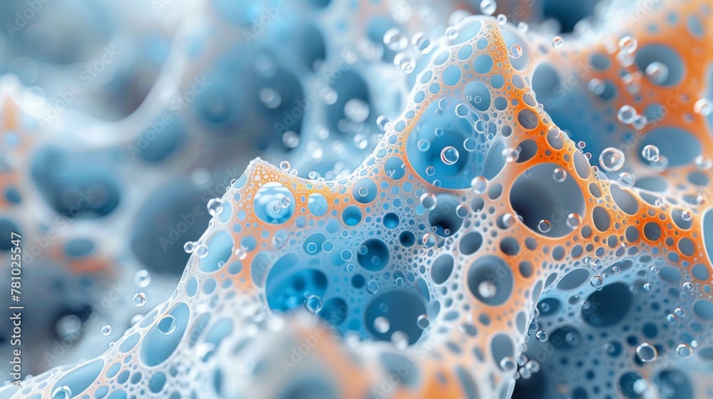 A close up of a blue and orange sponge with bubbles. Generative AI. A close up of a blue and orange sponge with bubbles. Generative AI.
