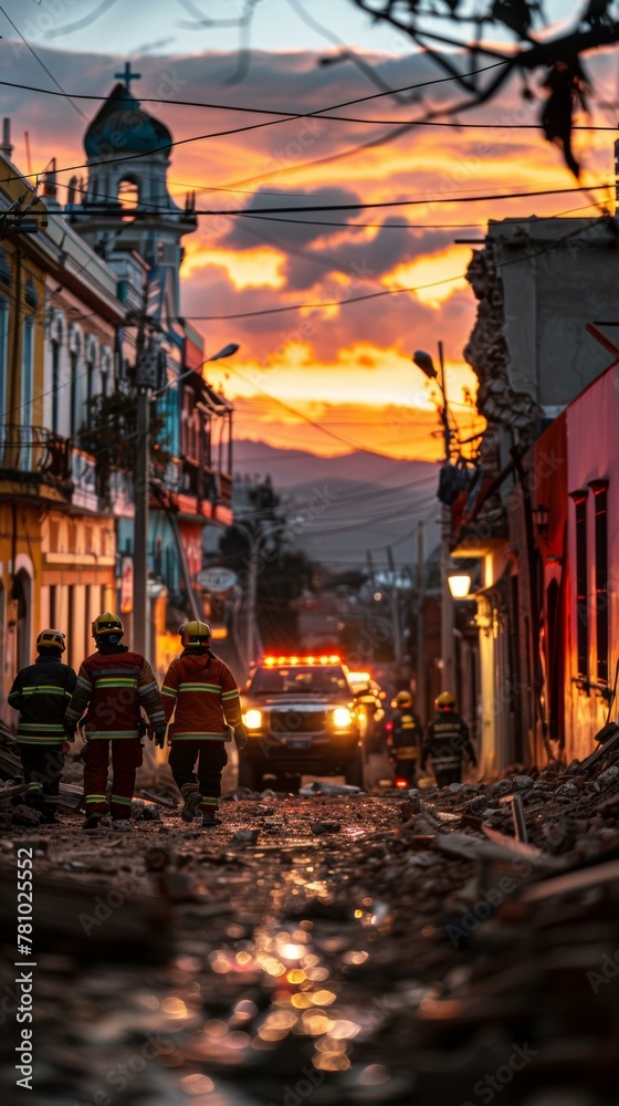 A group of three firemen walking down a street with an ambulance. Generative AI.