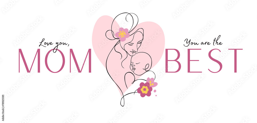 Banner with a linear illustration of a mother and child for Mother's Day. Drawing on a transparent background.