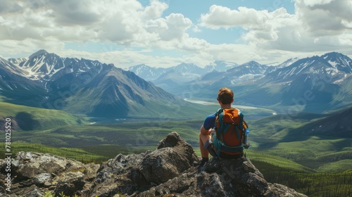 A hiker sitting on a rock, gazing at a breathtaking vista of valleys and peaks. 