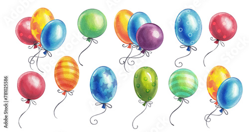 Large set of colorful festive watercolor balloons on a transparent background. A birthday decoration.