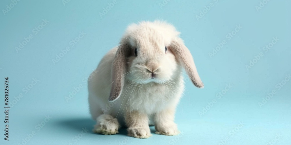 A white rabbit sitting on a blue background with a blue background. Generative AI.