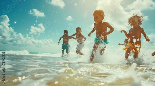 Generative AI : Group of Diversity little child boy and girl friends running and playing sea water at tropical beach  photo