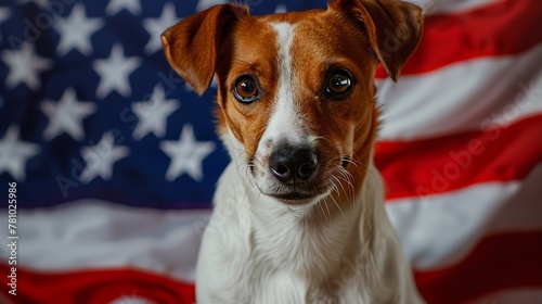 Generative AI : Adorable dog against national flag of United States of America