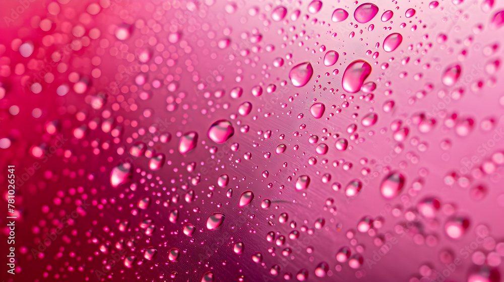 A close up of a pink background with many small drops of water. The water droplets are scattered throughout the image, creating a sense of movement and fluidity