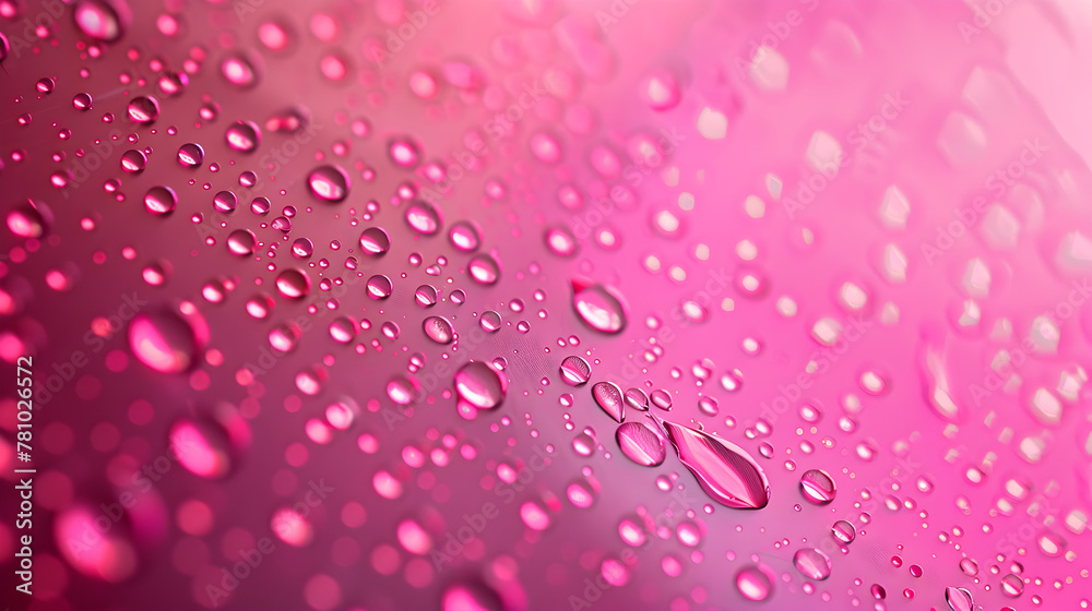 A close up of a pink background with many small drops of water. The water droplets are scattered all over the background, creating a sense of movement and fluidity