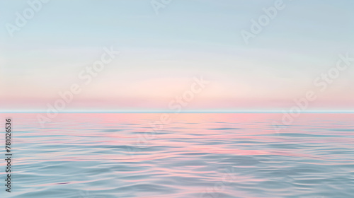 A calm ocean with a pink and orange sky in the background. The water is still and the sky is a beautiful mix of colors