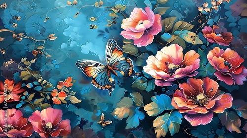 Lovely antiquated wall art with vast pink and blue flowers and butterflies over a blue backdrop, symbolic of antique analog wallpaper and space, Generative AI. photo