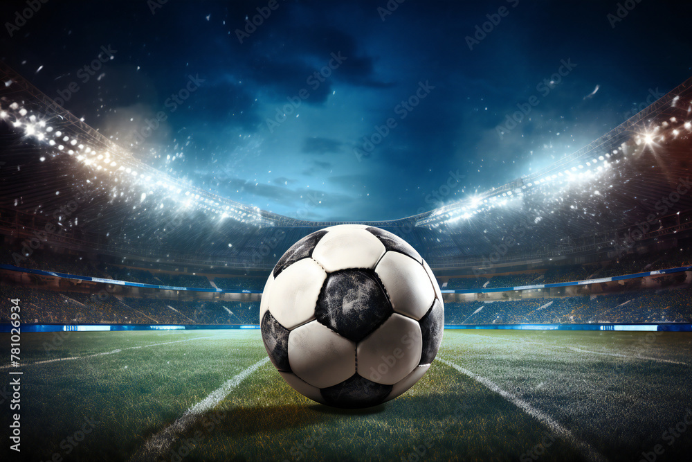Fototapeta premium Soccer Ball on Stadium Field under Bright Stadium Lights at Night Generative AI
