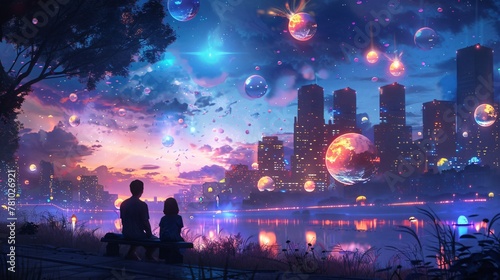A fantastical cityscape at sunset with two figures observing glowing orbs and stars in the night sky.