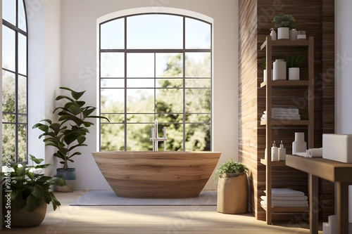 Timeless Beauty Meets Modernity: Transitional Bathroom Design with Natural Wood and Refreshing Greenery