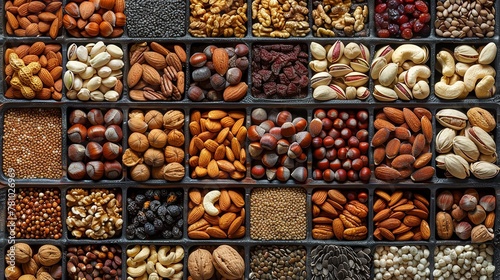 A  wooden box comprised of a grid of distinctly sized mixed nuts as the backdrop overhead view assorted items over small boxes and space  Generative AI.