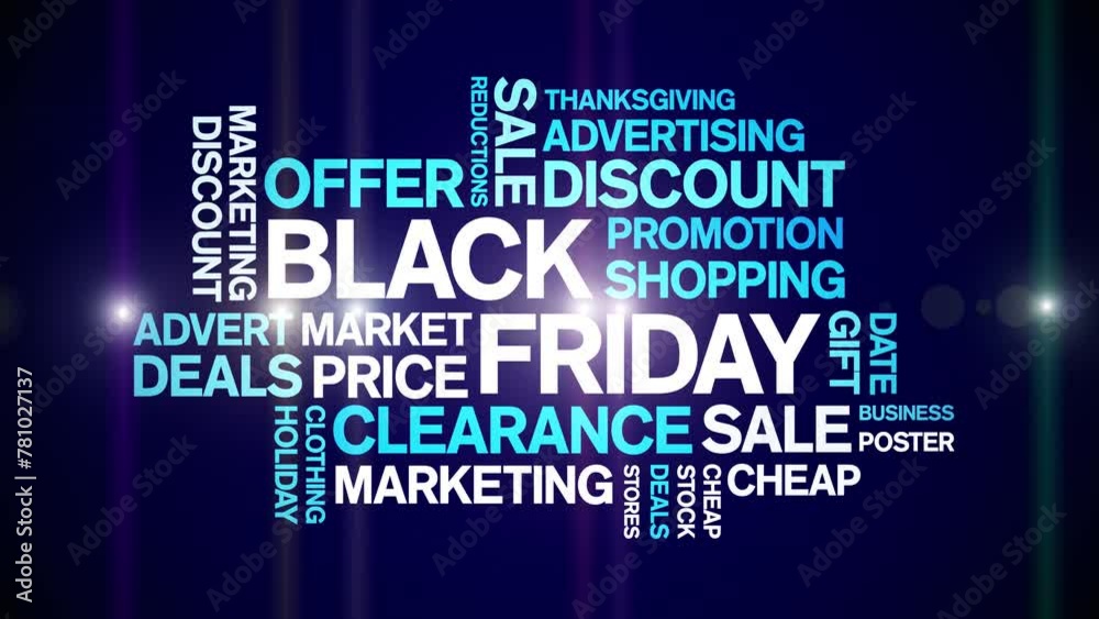 Black Friday animated word cloud;text design animation tag kinetic typography seamless loop.
