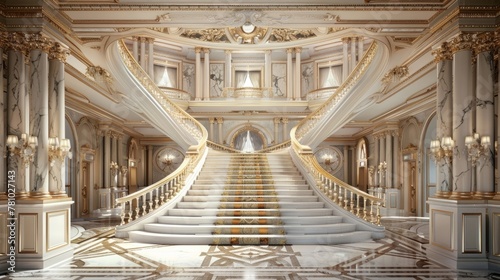 The grand foyer is adorned with a sweeping marble staircase the centerpiece of the room. The balustrades are adorned with elaborate medallions and the treads are lined with intricate . photo