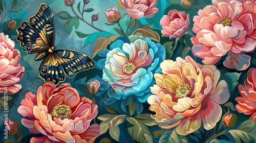 Lovely antiquated wall art with vast pink and blue flowers and butterflies over a blue backdrop, symbolic of antique analog wallpaper and space, Generative AI. photo