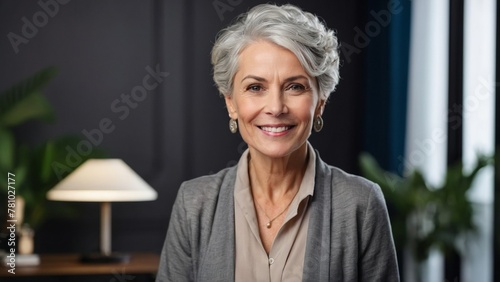 Smiling happy confident stylish mature middle-aged businesswoman standing in home office. Old senior businesswoman, 60s gray-haired lady executive business leader manager looking at camera