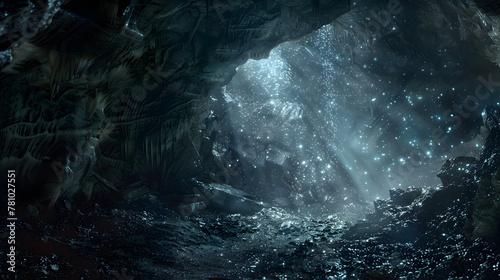 A dark cave with a light shining through it. The light is creating a beautiful and mysterious atmosphere
