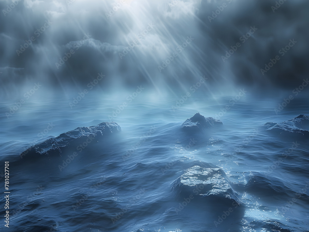 A blue ocean with a few rocks in it. The water is choppy and the sky is cloudy A blue ocean with a few rocks in it. The water is choppy and the sky is cloudy