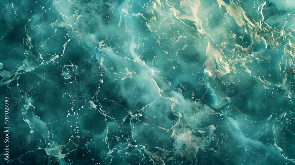 Fototapeta premium The image is of a body of water with a blue and green color scheme. The water appears to be calm and peaceful, with no visible waves or ripples. Scene is serene and tranquil