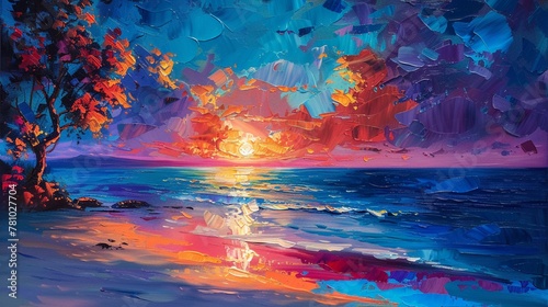 Oil painting, abstract summer paradise beach at sunset, palette knife technique, with a myriad of colors on a lively background, and striking lighting