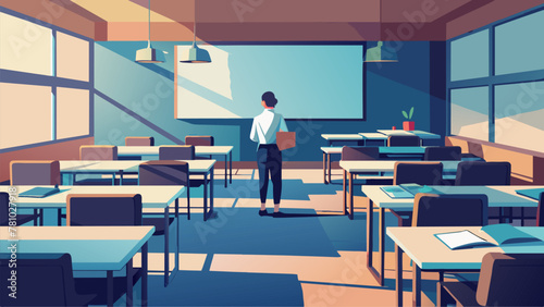 A classroom filled with empty desks as the teacher prepares for the arrival of students on the first day of school the calm before the chaos of