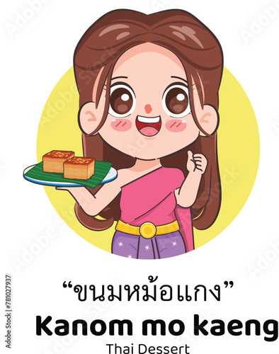 Beautiful Thai woman wearing Thai Traditional dress presenting Kanom Thai with Kanom Mo kaeng. Chibi cartoon doodle vector design.	