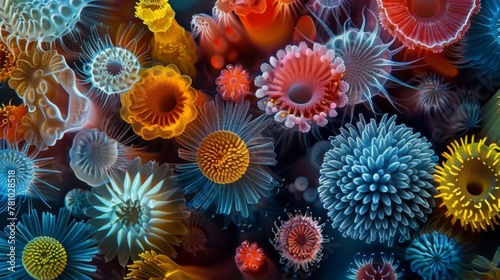 A stunning image of tered pollen grains revealing their diversity and unique shapes almost like a colorful abstract painting.
