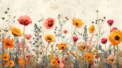 A beautiful display of vibrant poppies in various stages of bloom against a rustic, textured background with splashes of paint. Generative AI