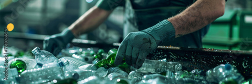 A man in gloves picking up plastic bottles from a production line at an eco-friendly factory © wanna