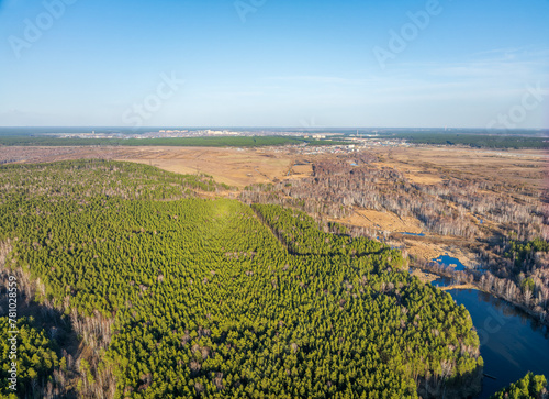 Aerial drone view of stunning colorful autumn fall forest.