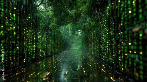 Advanced technology of green-lit server racks merges with the lush foliage of nature. Visualization Concept of Internet of Things  Data Flow  Digitalization of Internet Traffic. Generative AI