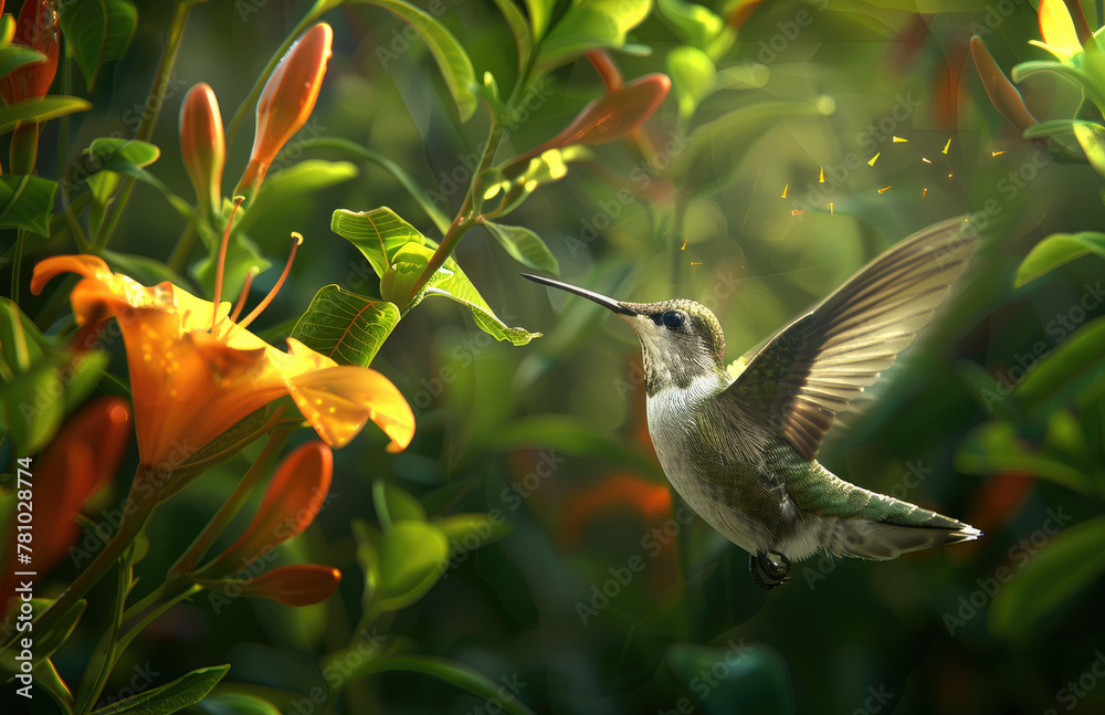 Fototapeta premium A hummingbird hovering near an orange flower, with its iridescent plumage and long beak in focus against the blurred background of green leaves and other flowers