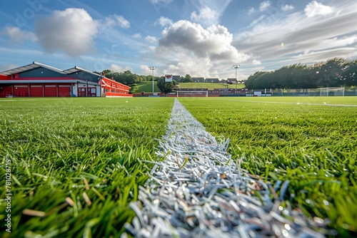 The boundary touchline of a sports field or pitch with a stadium or arena in the background,showcasing a vast green turf surface,clear sky,and photo