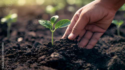 Nurturing growth, development and sustainability concept. Human hand gently cradling rich soil nurturing a young sprouting plant symbolizing ecology, green business and environment.