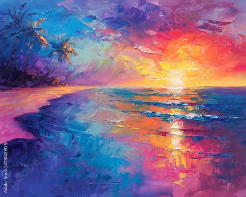 Vibrant, abstract painting of a paradise beach with sunset, using oil and palette knife, set against a summercolored canvas, enhanced by dramatic light and colorful highlights