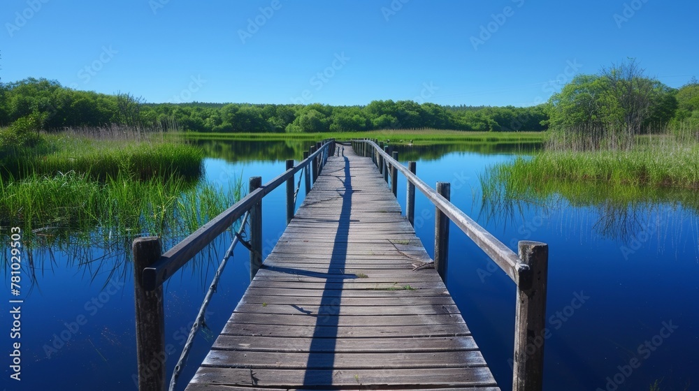 A serene setting as the wooden footbridge stretches over the glasslike surface of the pond perfectly reflecting the clear blue sky . .