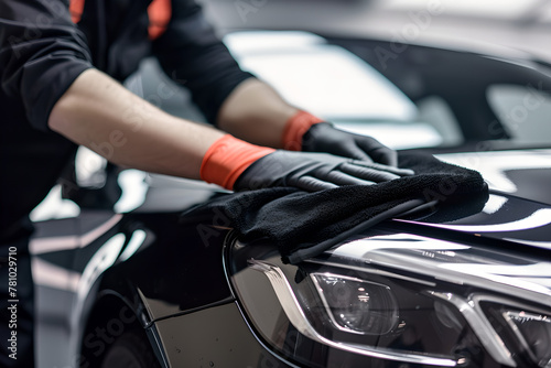 A man Wearing gloves and clean black Car front with microfiber cloth,  car detailing , valeting and providing service concept photo