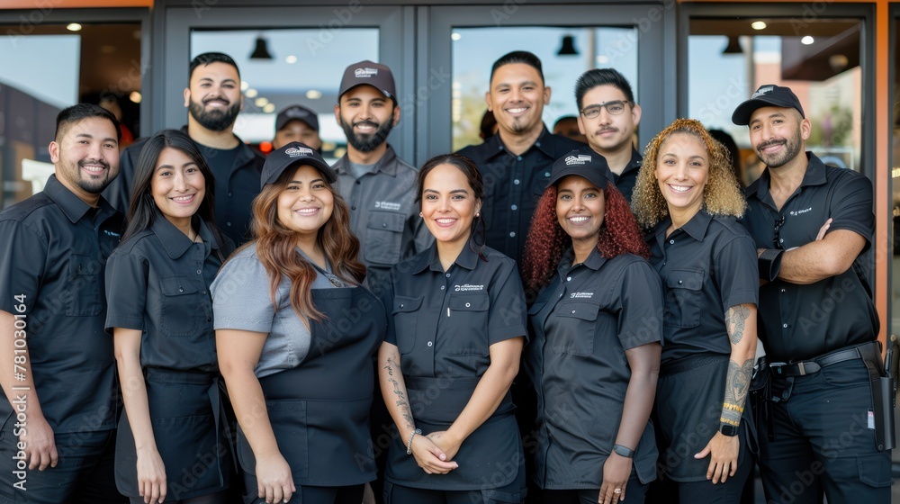 A group of employees wearing uniforms and smiling in front of the store for the grand opening.