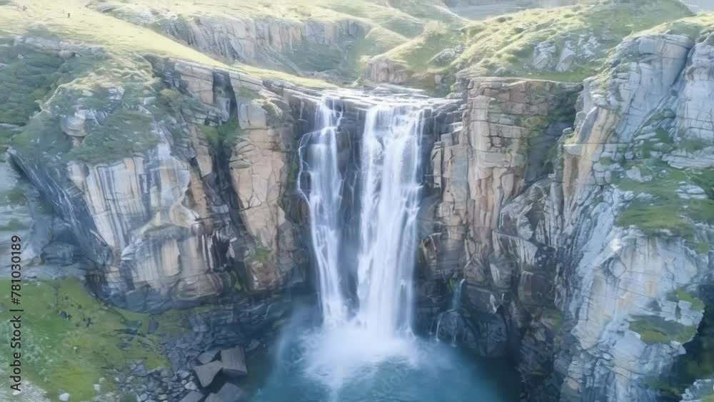 aerial view of a majestic waterfall cascading down rugged cliffs surrounded by lush greenery in a serene natural landscape aerial view of a majestic waterfall cascading down rugged cliffs surrounded by lush greenery in a serene natural landscape