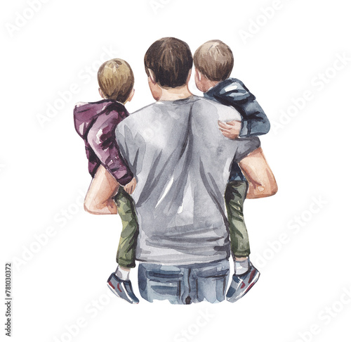 Father and sons on a walk. Watercolor hand-drawn illustration on a transparent background