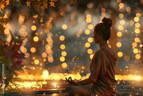 Serene Silhouette of Woman Meditating in Enchanting Forest Surrounded by Glowing Lights and Reflection