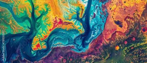 Satellite imagery analysis for environmental monitoring, depicted with vibrant data overlays,