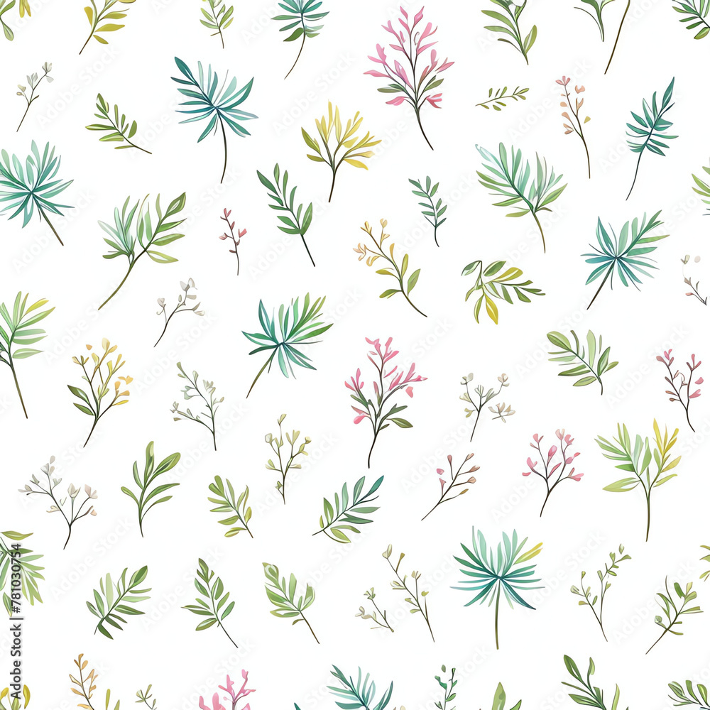 Watercolor floral set of turquoise and pink leaves, branches, twigs,  textile, wallpaper, cover, web , wrapping and all prints