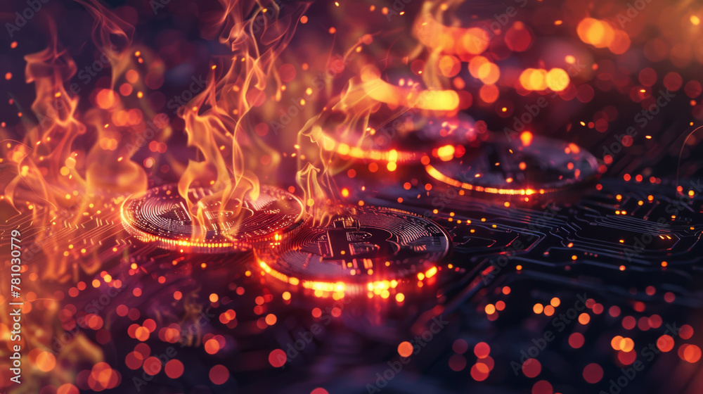 Stylized representation of gas fees in cryptocurrency transactions, with flames consuming digital assets, - obrazy, fototapety, plakaty 