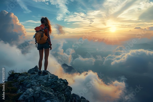 Majestic Sunset Over Towering Peaks Empowers Female Hiker To Embrace Adventure And Self-Discovery
