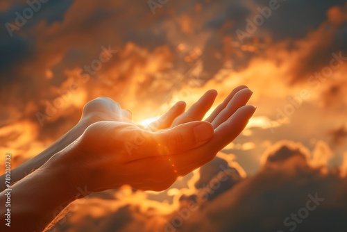 Outstretched hand reaching towards the heavens,a symbol of hope and spiritual upliftment during challenging times,as the warm rays of the sun pierce